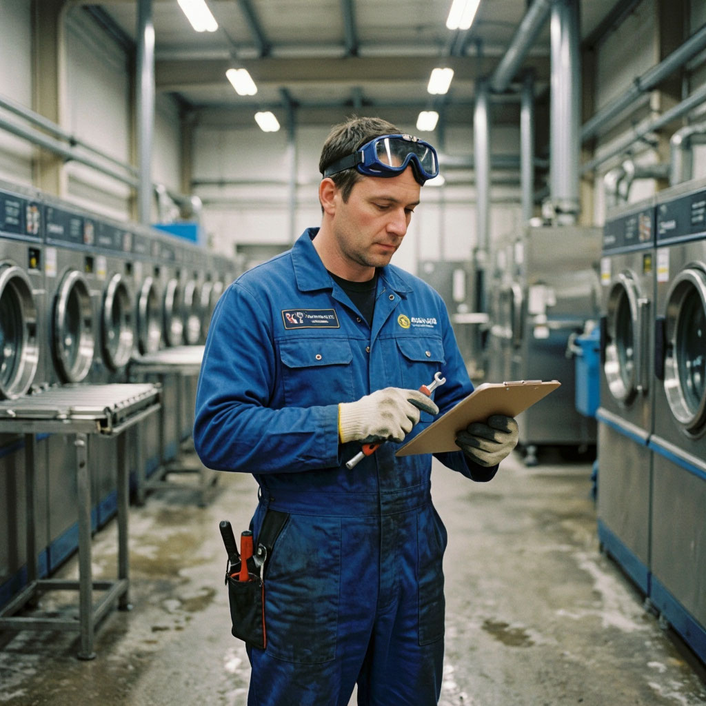 Technician working on commercial laundry equipment