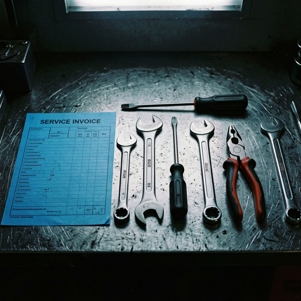 Service invoice and equipment on a workbench