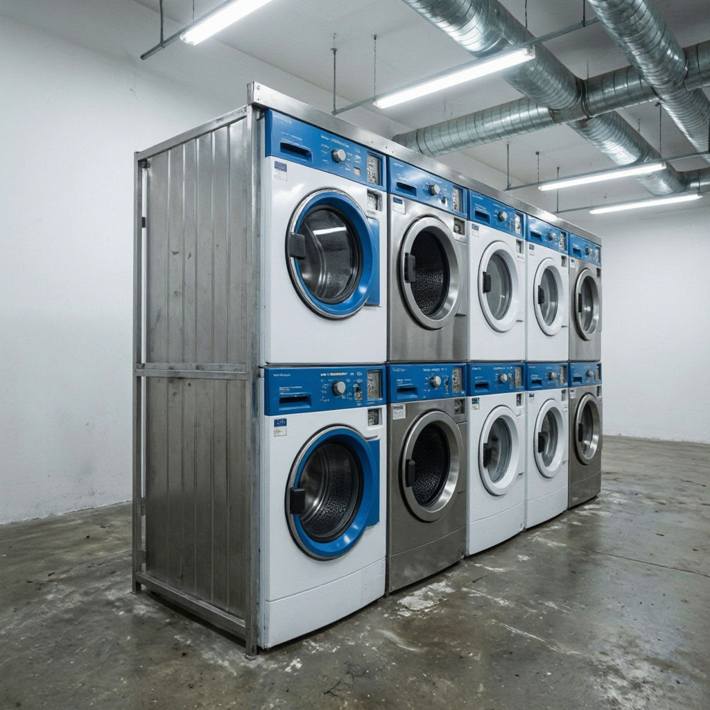 Commercial laundry room with stacked washer and dryer units